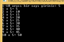 For döngüsü ile çarpım tablosu 